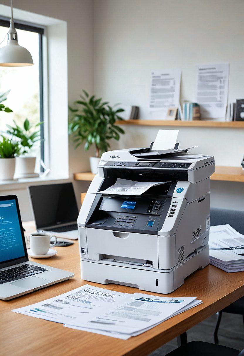 A modern office setting with a sleek fax machine seamlessly integrated into a digital workspace. Papers with insurance policies are neatly stacked beside it, and a laptop displays a digital representation of coverage options. Soft lighting highlights the fusion of traditional and modern communication methods. Include diverse professionals engaging in discussions around the fax machine, exuding collaboration and efficiency. super-realistic. vibrant colors. white background.